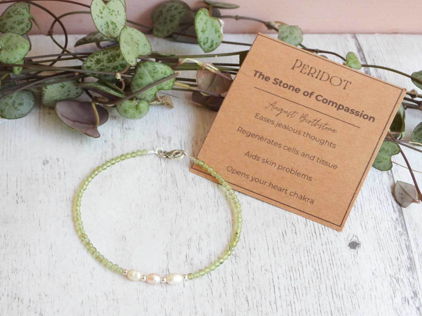 peridot crystal healing pearl bracelet with properties card, handmade