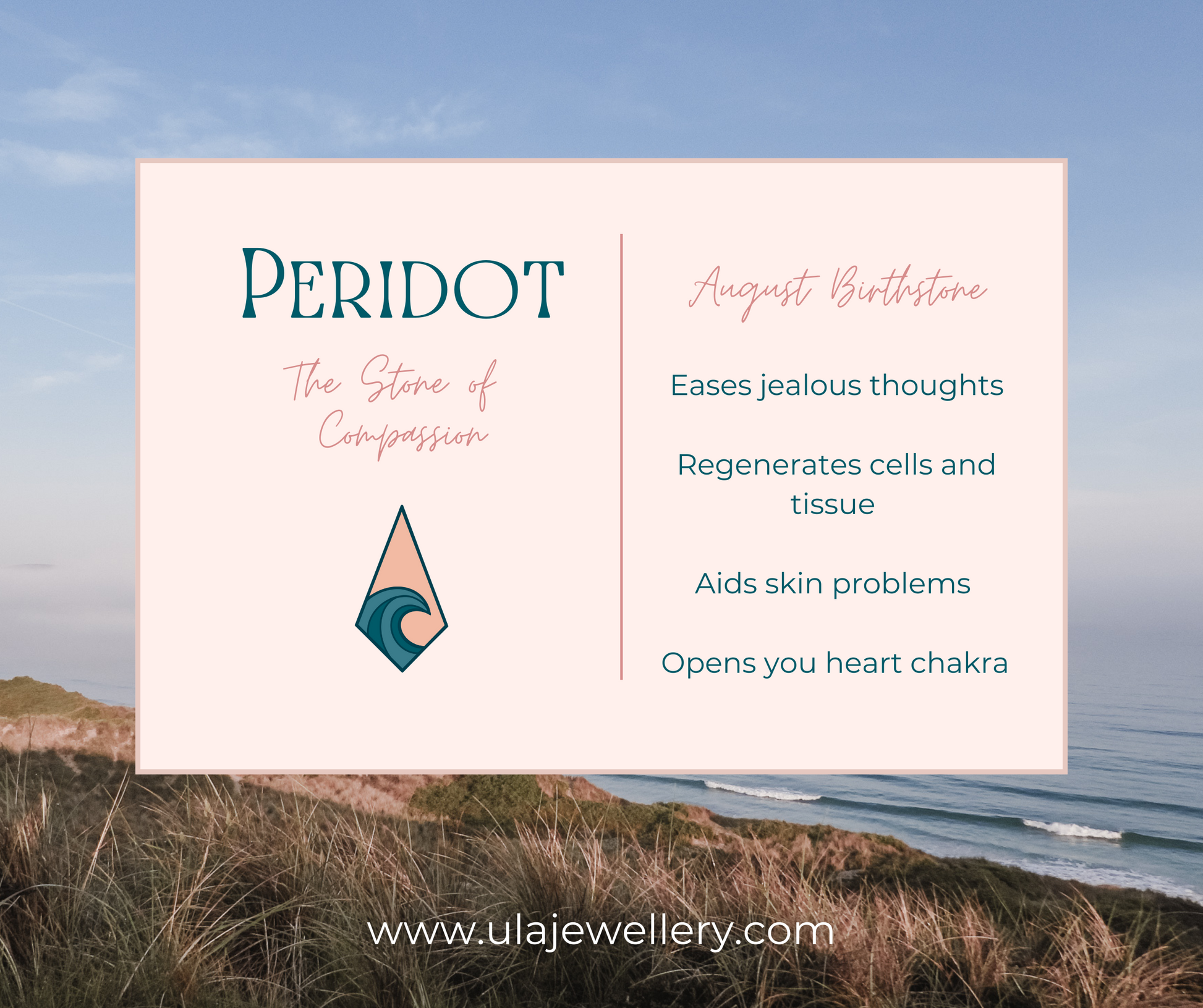 peridot crystal healing properties infographic by Ula Jewellery Cornwall