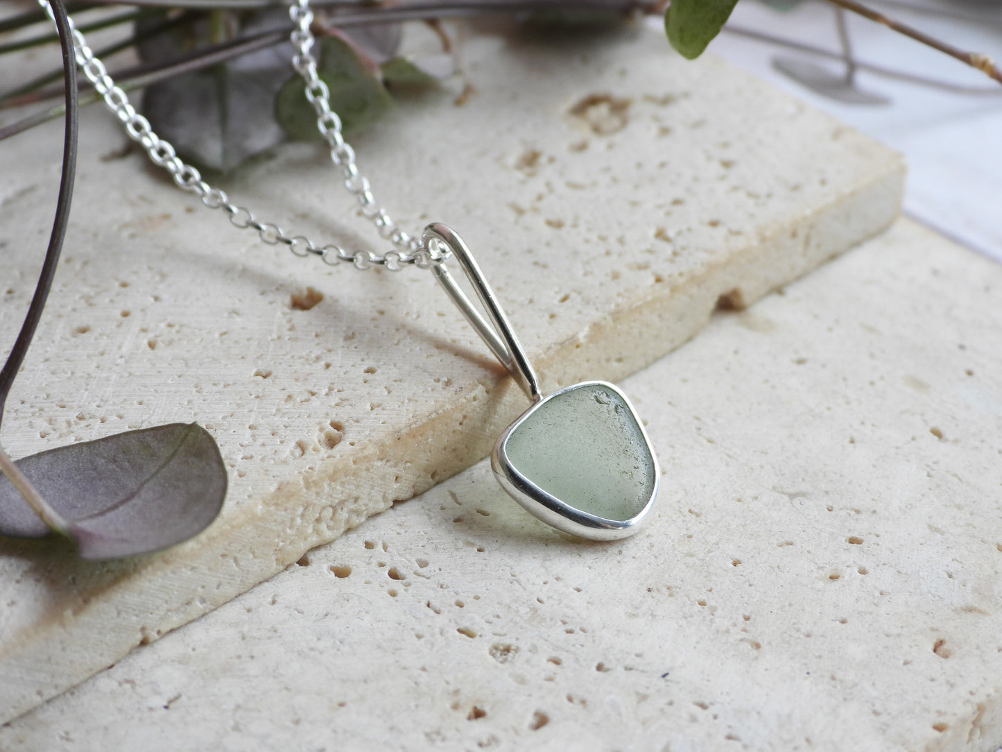 Dainty Cornish Sea Foam Green Sea Glass Necklace | Handmade Sterling Silver 925 | Perranporth Beach