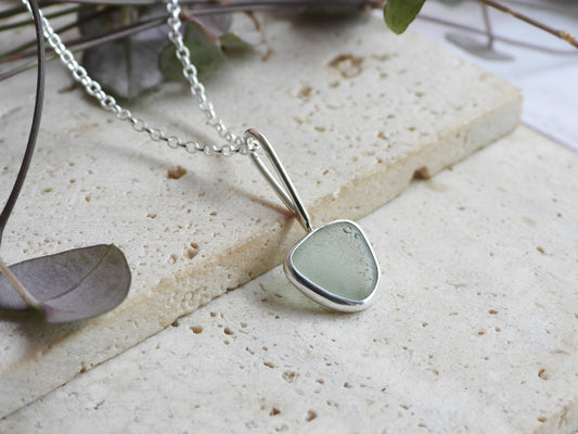 Dainty Cornish Sea Foam Green Sea Glass Necklace | Handmade Sterling Silver 925 | Perranporth Beach