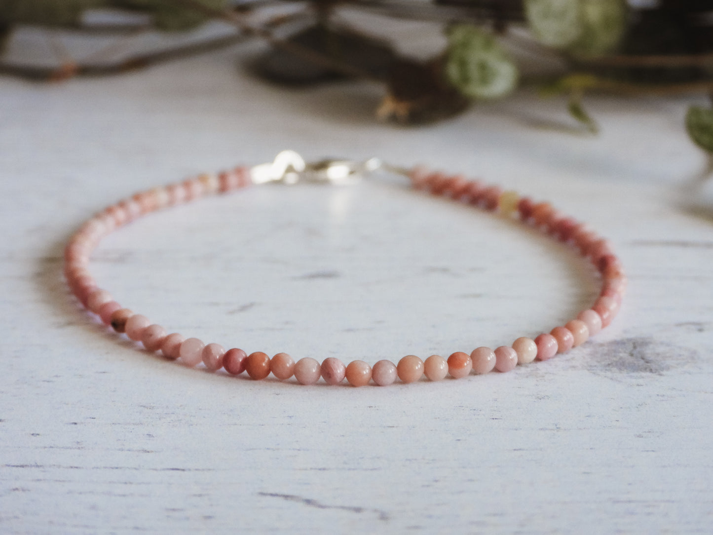2mm rhodochrosite gemstone beaded bracelet with sterling silver clasp