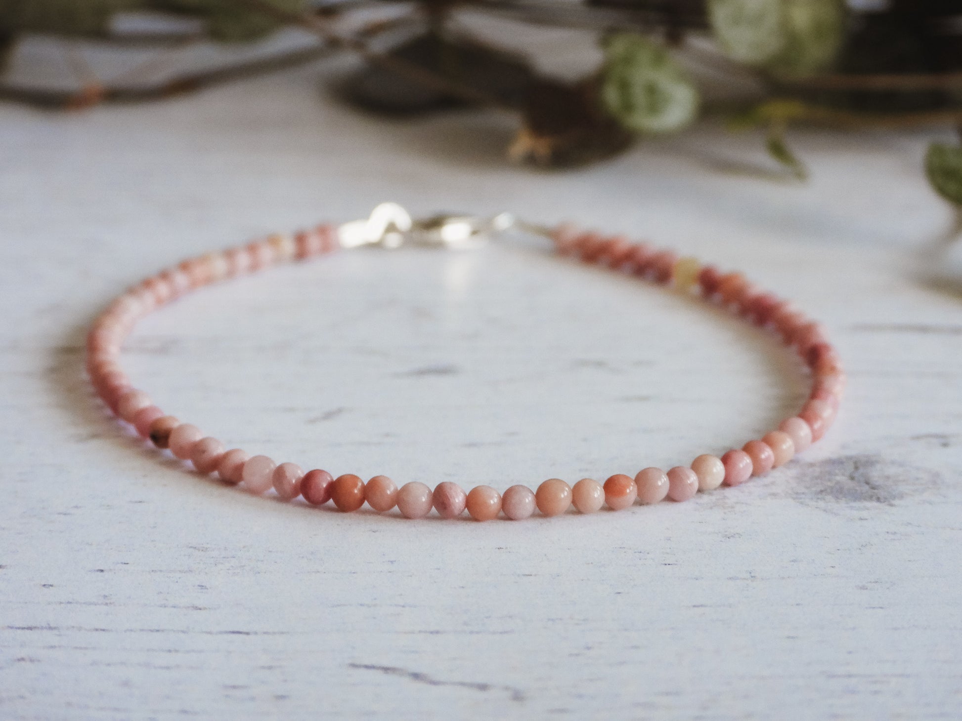 2mm rhodochrosite gemstone beaded bracelet with sterling silver clasp
