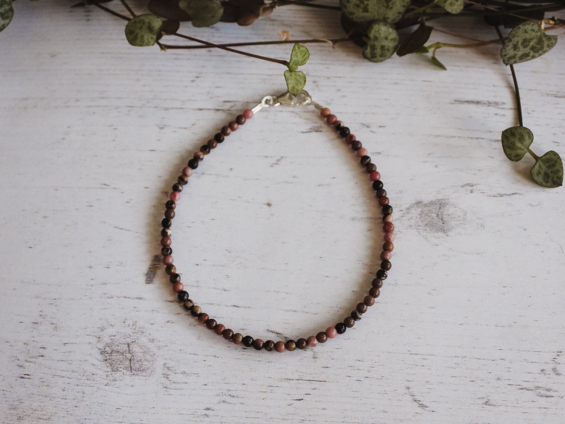 pink and black rhodonite gemstone stacking bracelet