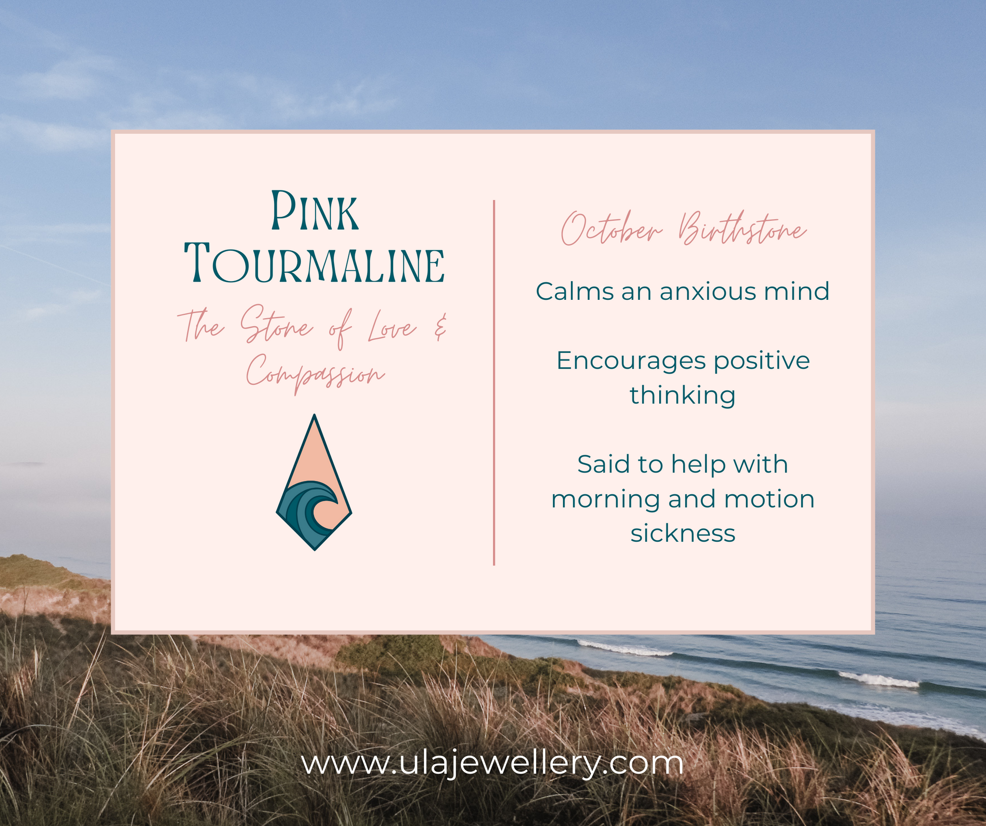 pink tourmaline crystal healing properties infographic by Ula Jewellery Cornwall