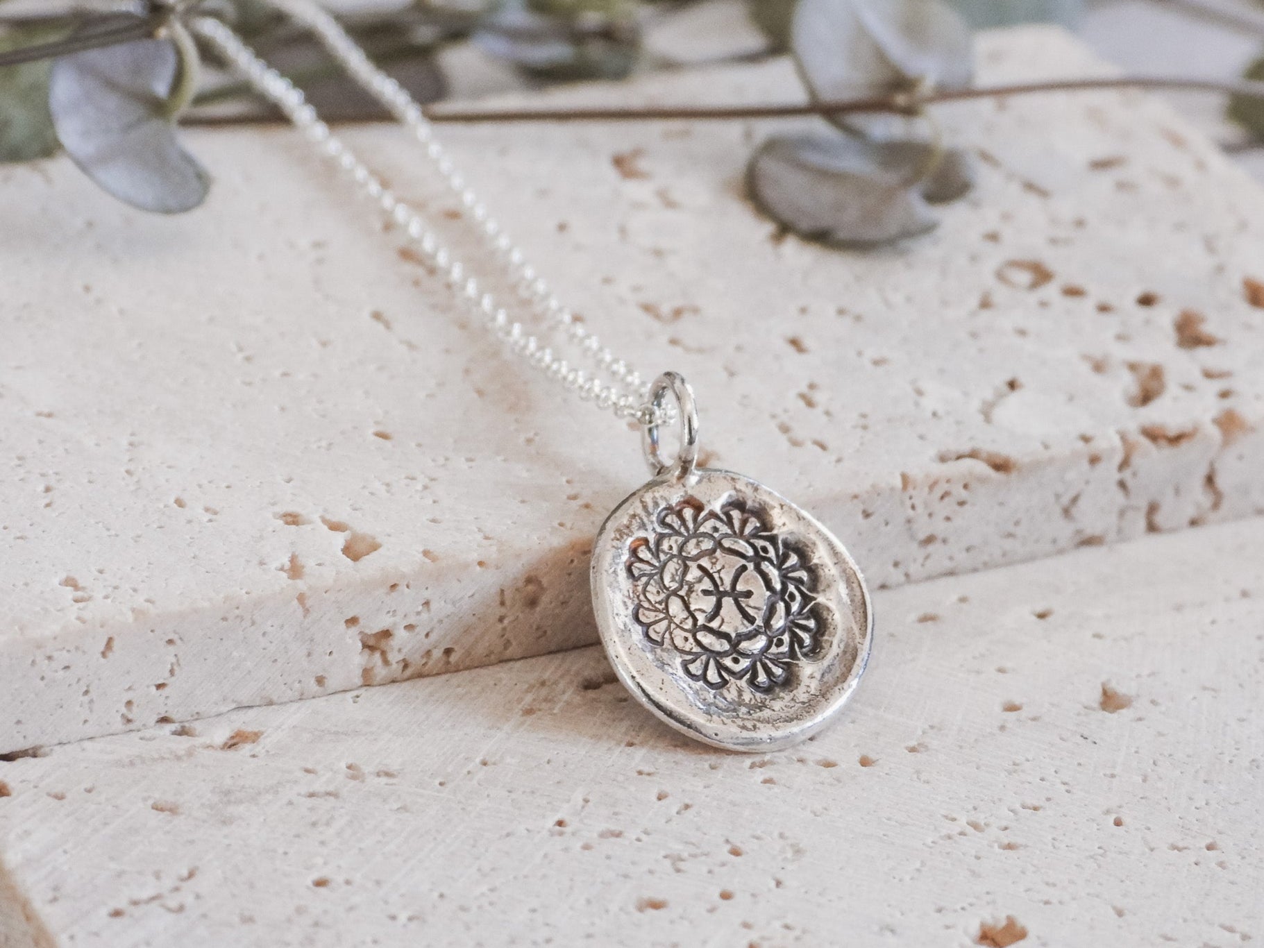 rustic pisces boho mandala necklace with sterling silver charm
