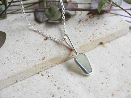 Dainty Cornish Sea Foam Green Sea Glass Necklace | Handmade Sterling Silver 925 | Porthleven Beach