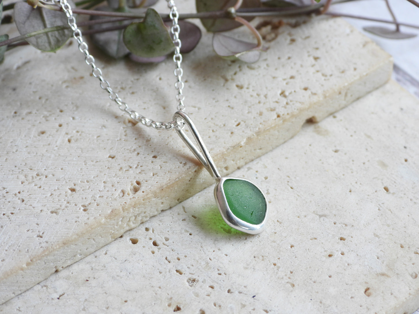 Dainty Cornish Green Sea Glass Necklace | Handmade Sterling Silver 925 | Praa Sands Beach