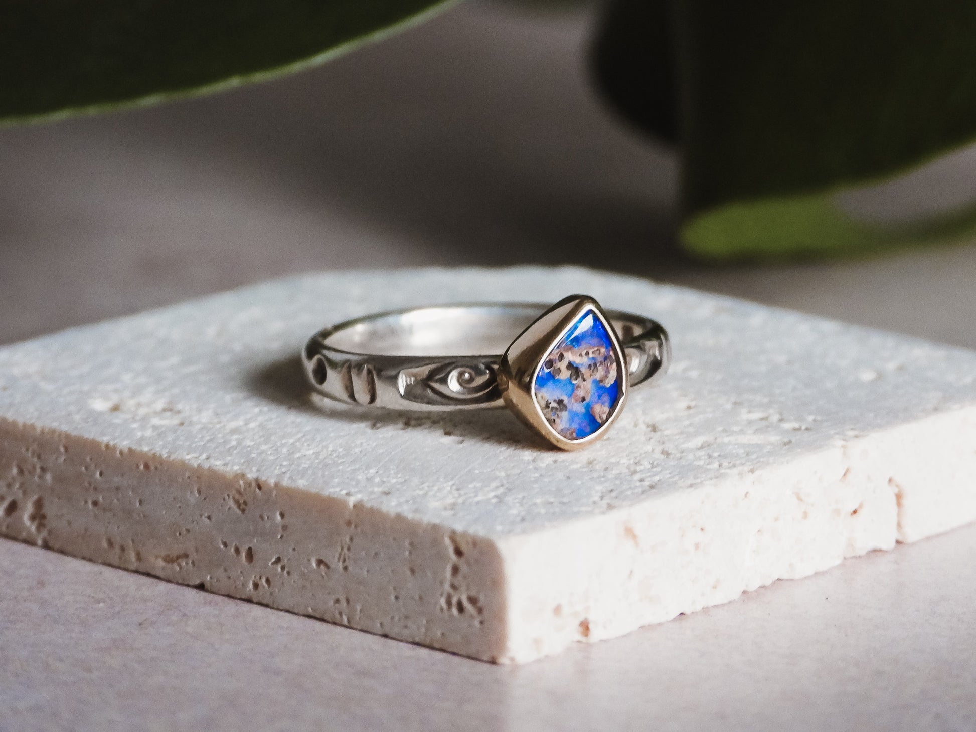 unique australian boulder opal stacking ring in gold and silver