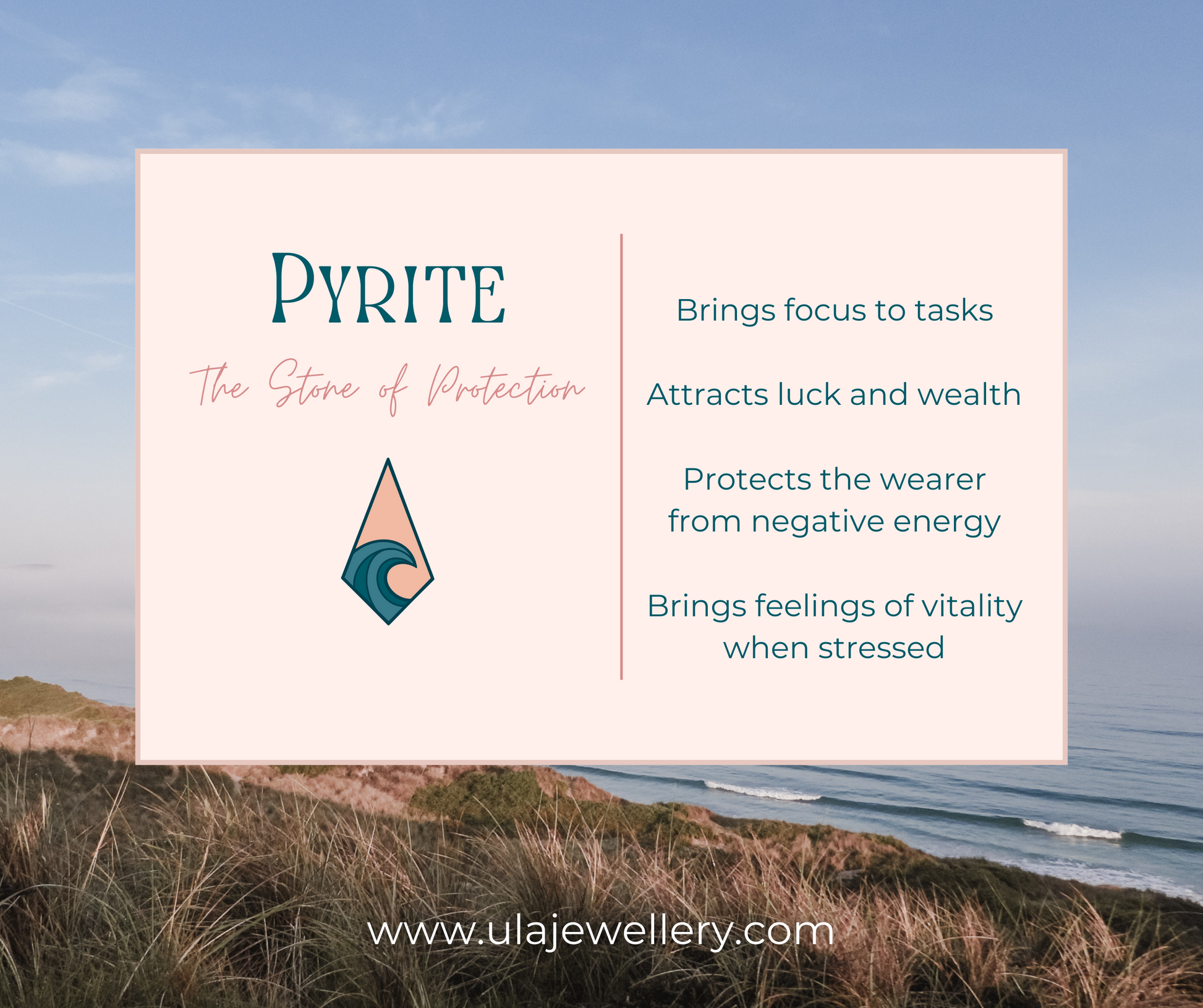 pyrite crystal healing properties infographic by Ula Jewellery Cornwall