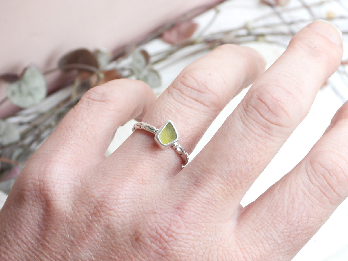 rare Cornish seaglass stacking ring with yellow uranium glass