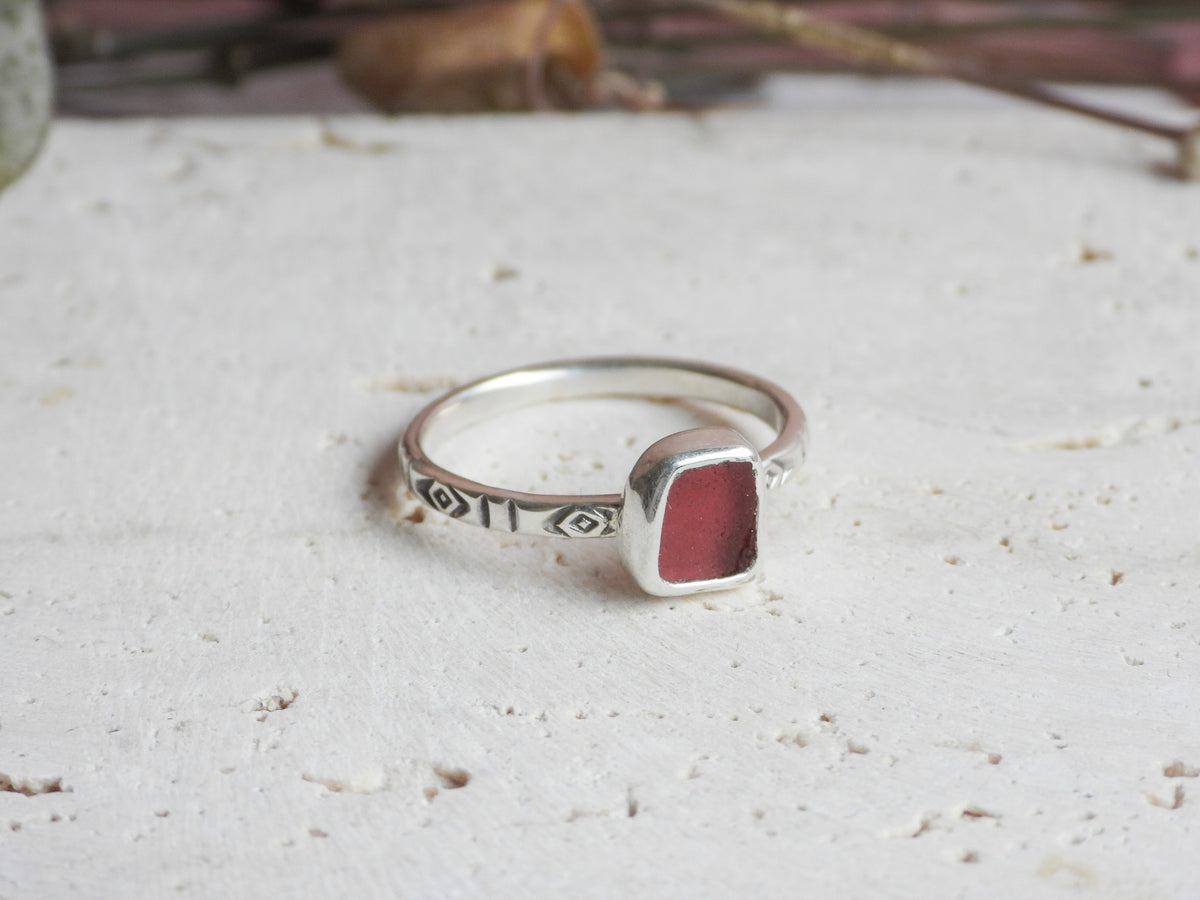 Pink Cornish Sea Glass Ring | Handstamped Boho Sterling Silver | Handmade in Cornwall | O 1/2