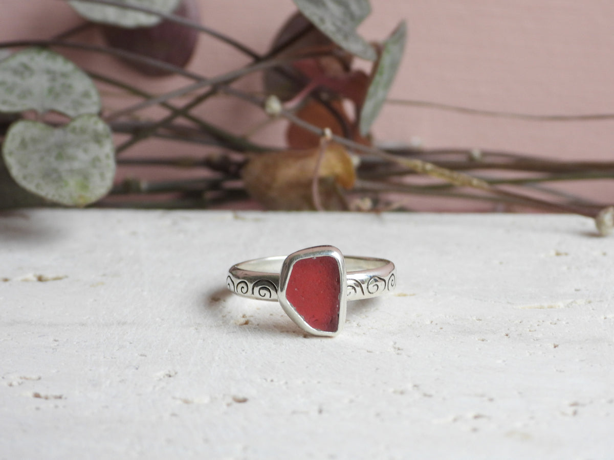 rare pink Cornish seaglass stacking ring made with recycled silver 925