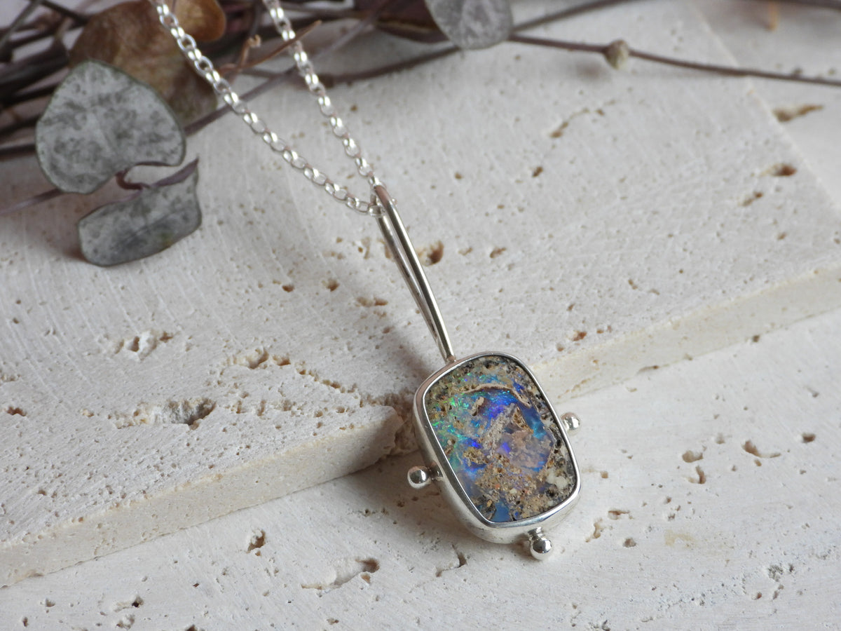 recycled silver, bohemian style Australian boulder opal necklace handmade in Cornwall