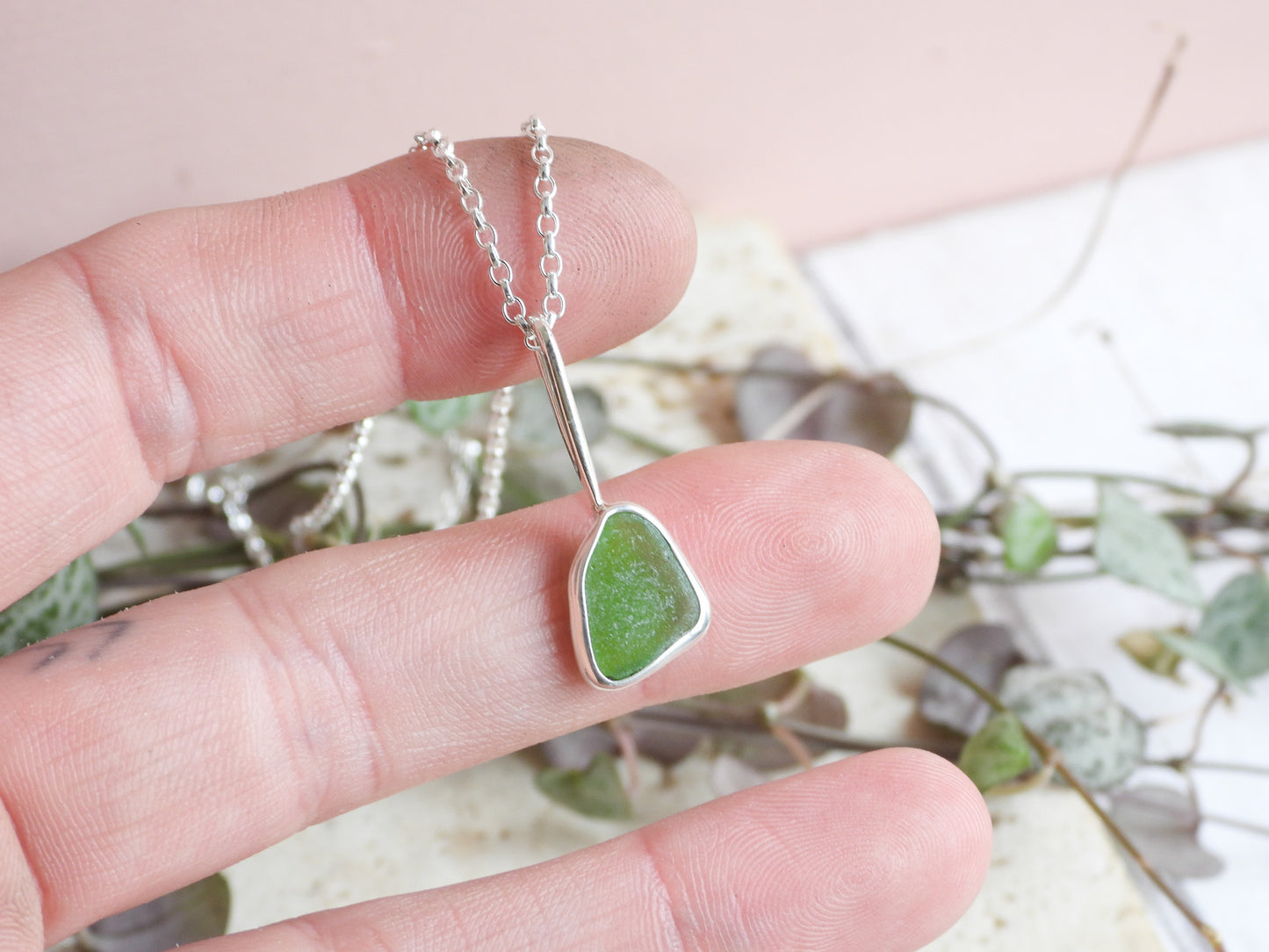 Dainty Cornish Green Sea Glass Necklace | Handmade Sterling Silver 925 | Coverack Cove