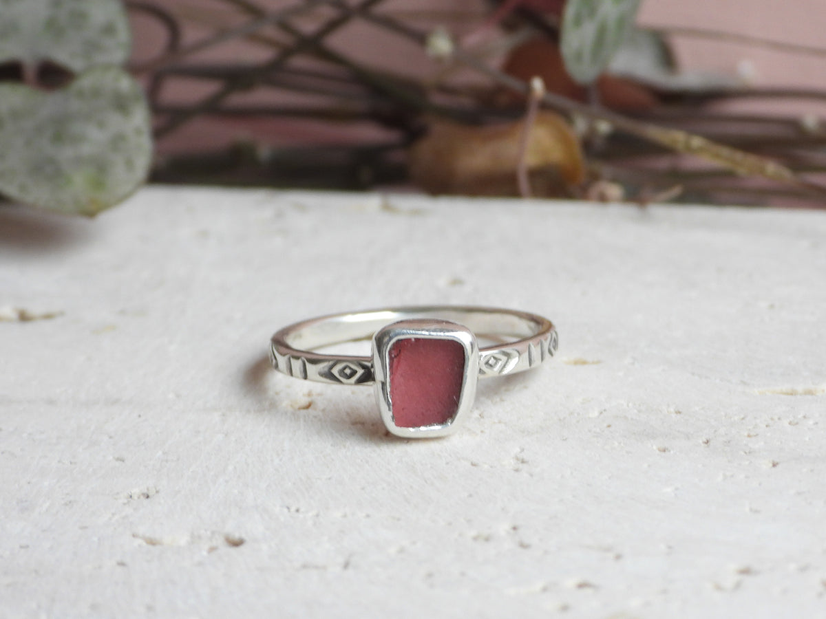 Pink Cornish Sea Glass Ring | Handstamped Boho Sterling Silver | Handmade in Cornwall | O 1/2