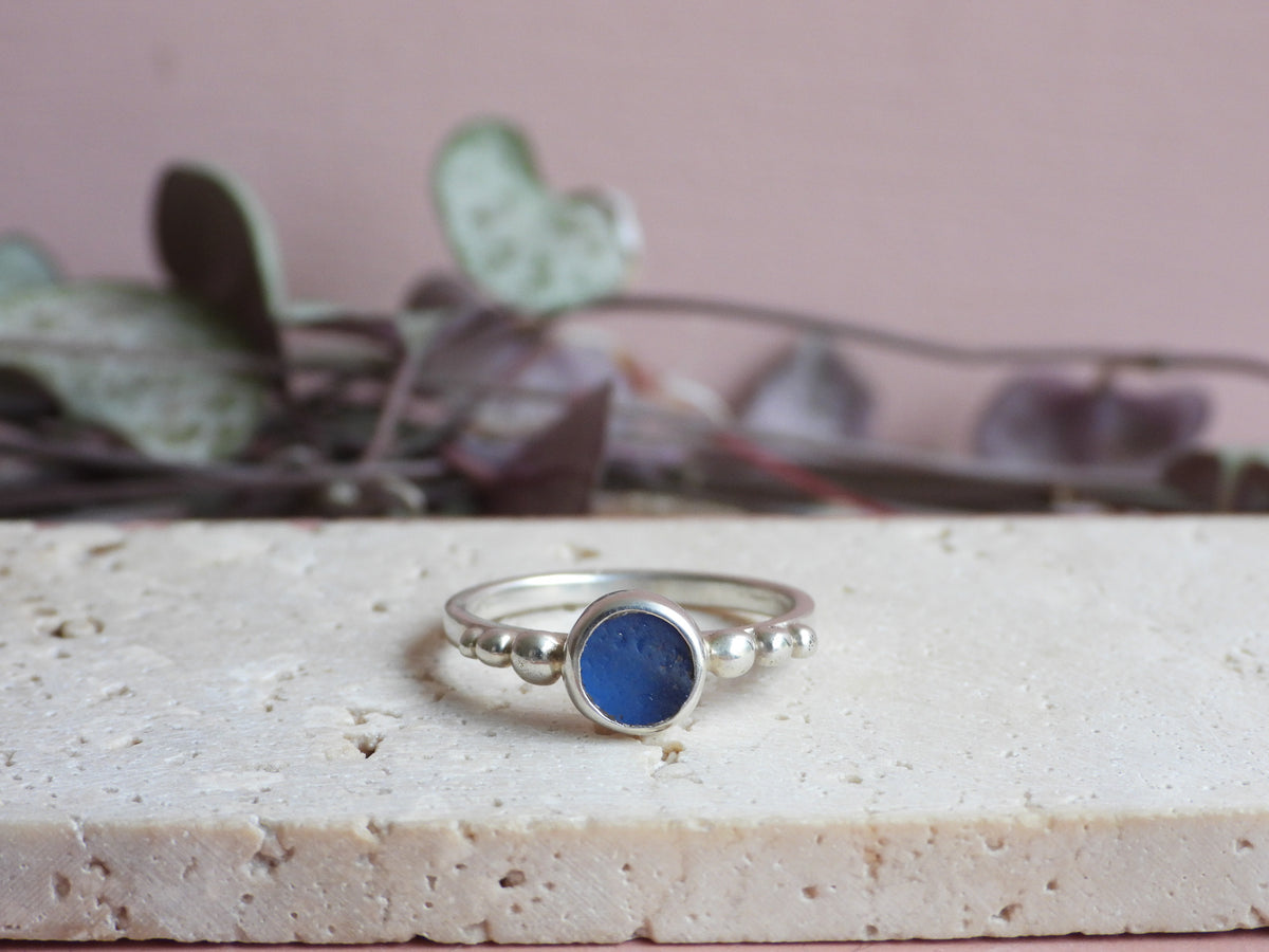 Cornish Cornflower Blue Seaglass Ring | Size P | Handmade in Cornwall
