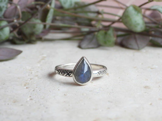 Labradorite Teardrop Gemstone Ring | Size O | Recycled Sterling Silver