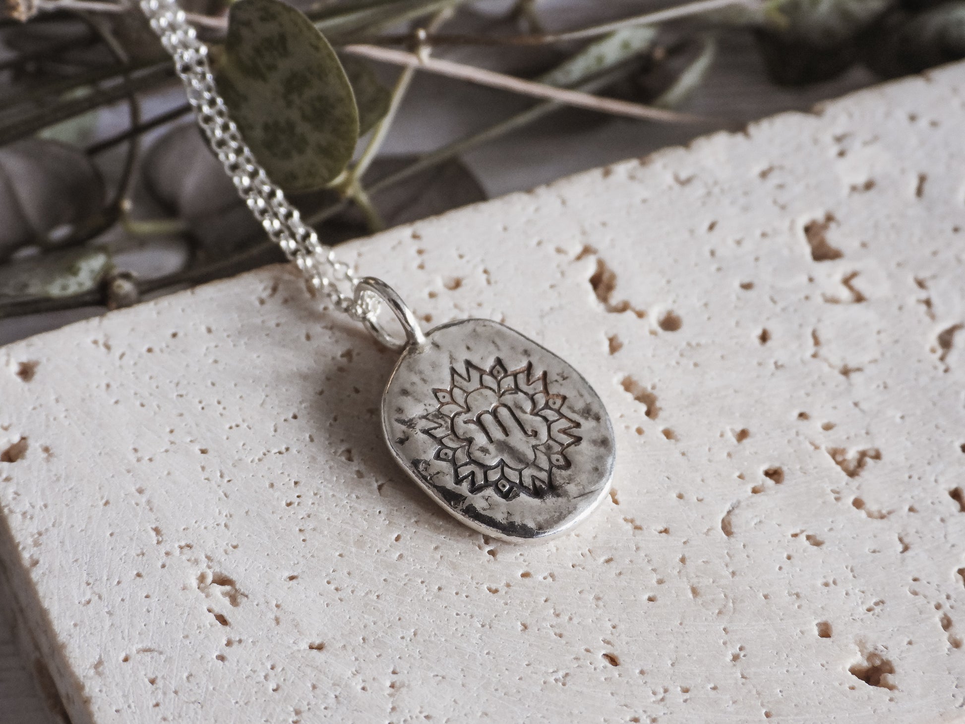 recycled sterling silver zodiac Scorpio necklace