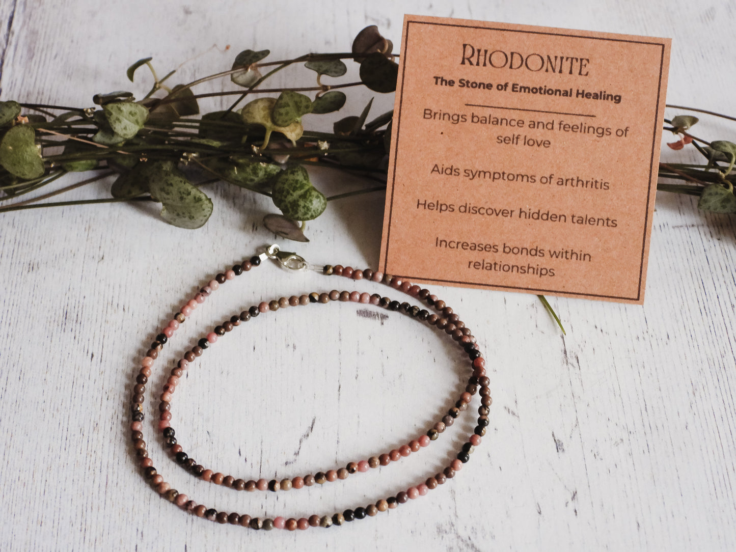 Dainty Rhodonite "Compassion" Gemstone Necklace | Round Beads