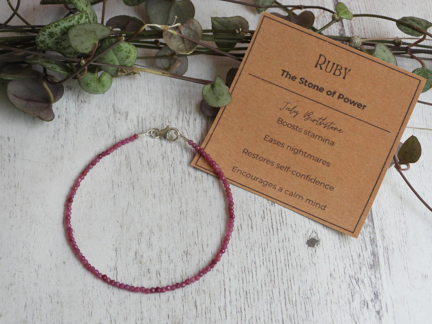 ruby crystal healing gemstone beaded bracelet with healing properties card