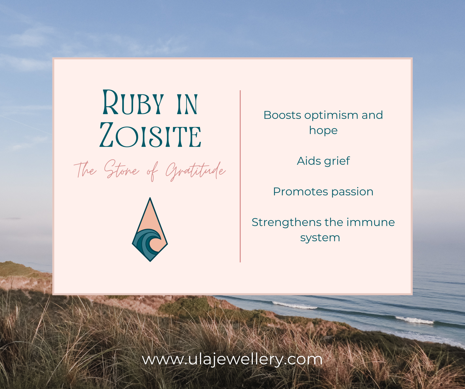 ruby in zoisite crystal healing properties infographic by Ula Jewellery Cornwall