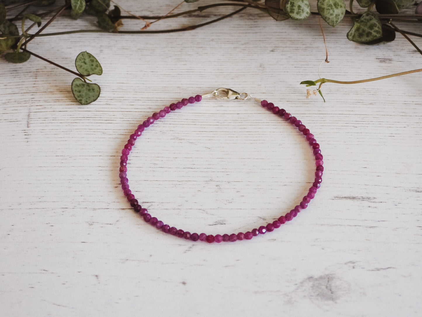 ruby July birthstone crystal healing bracelet with 2mm pink beads