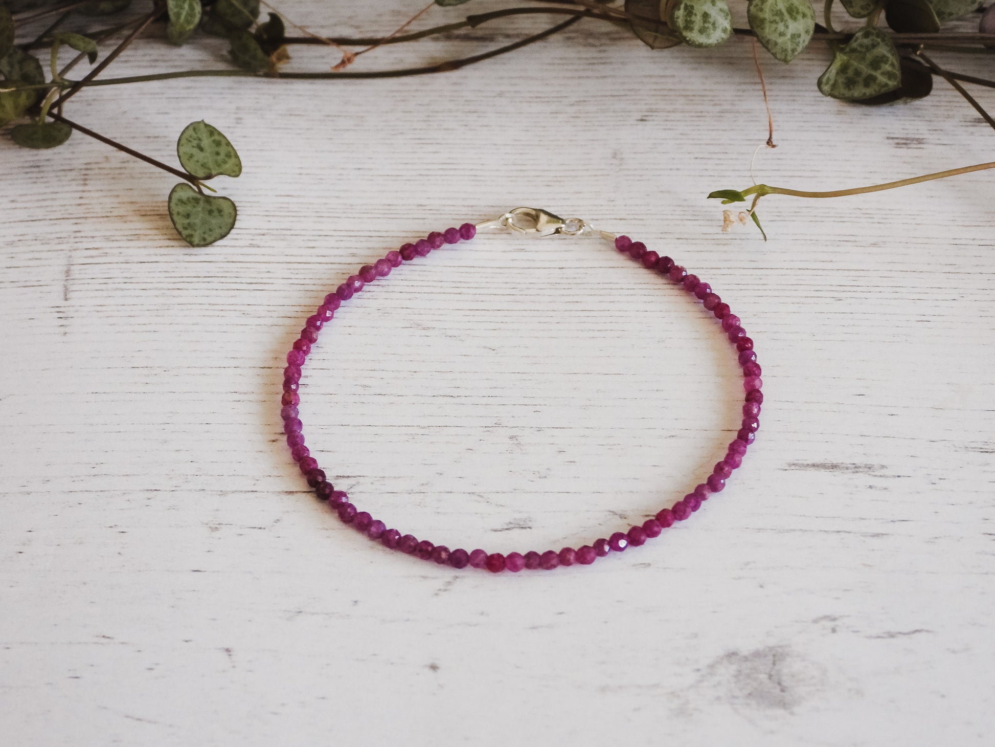 ruby July birthstone crystal healing bracelet with 2mm pink beads