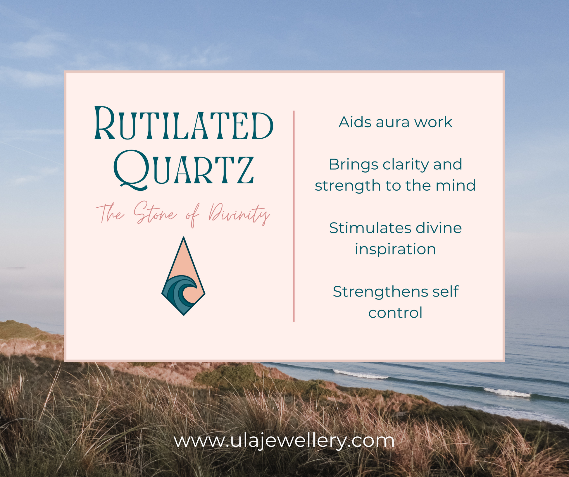 rutilated quartz crystal healing properties infographic by Ula Jewellery Cornwall