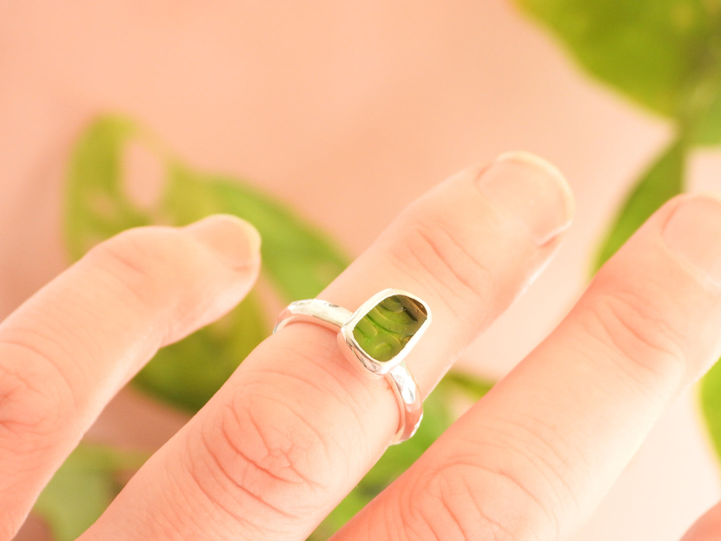 Rare Embossed Green Seaglass Ring | Recycled Silver 925 | Size L/M