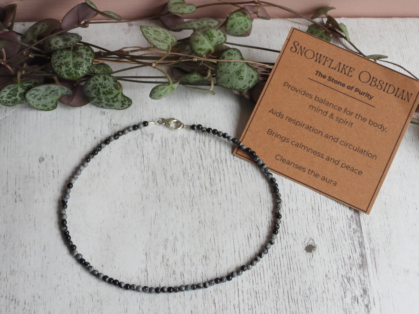 Dainty Snowflake Obsidian "Purity" Gemstone Anklet | Round Beads
