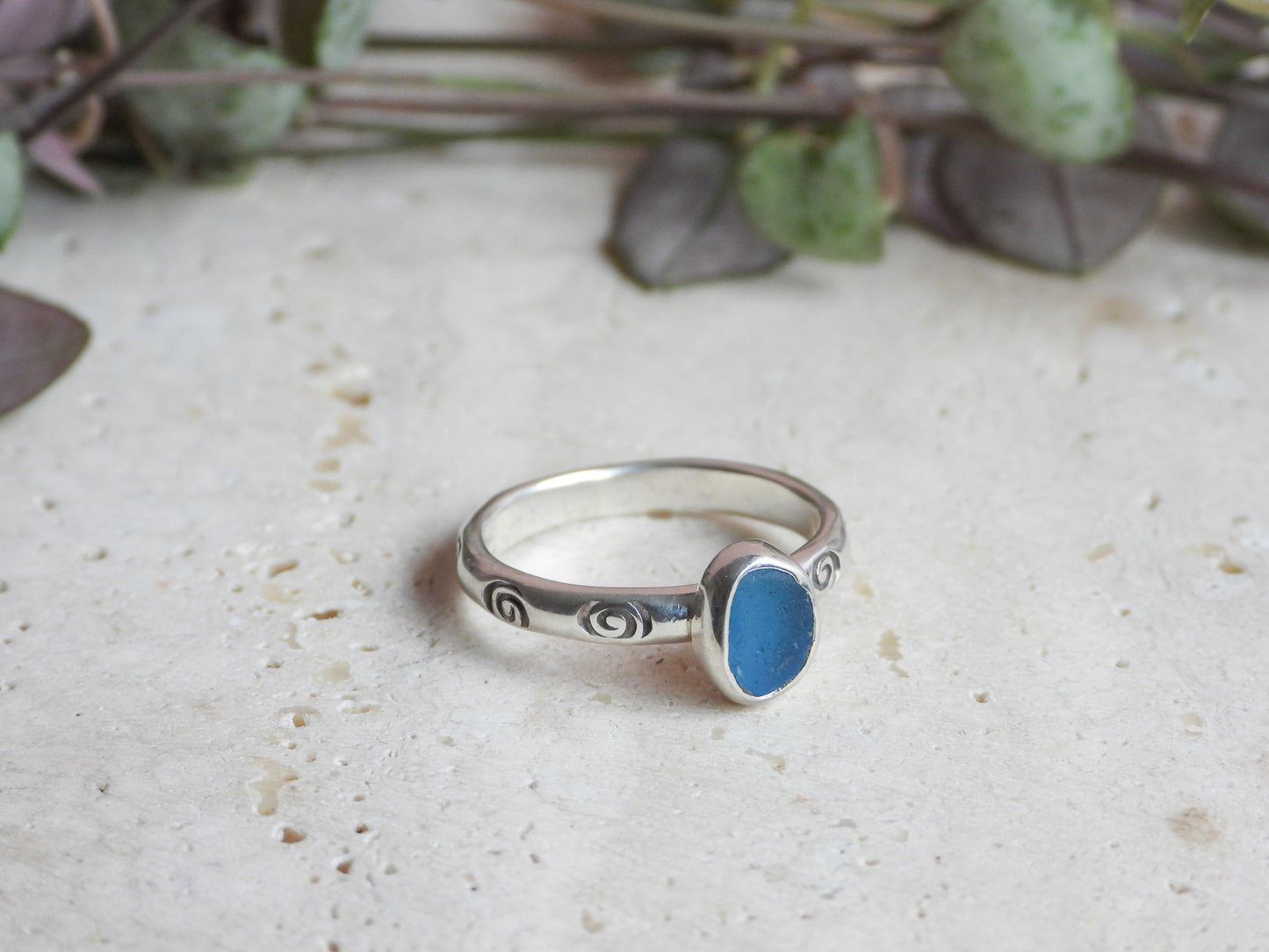 recycled sterling silver and right blue seaglass swirl ring handmade in Cornwall