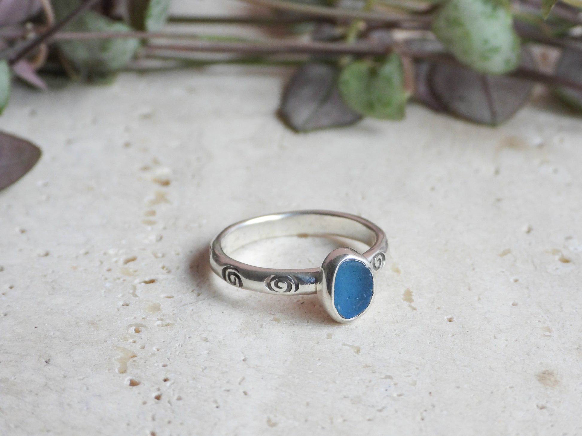 recycled sterling silver and right blue seaglass swirl ring handmade in Cornwall