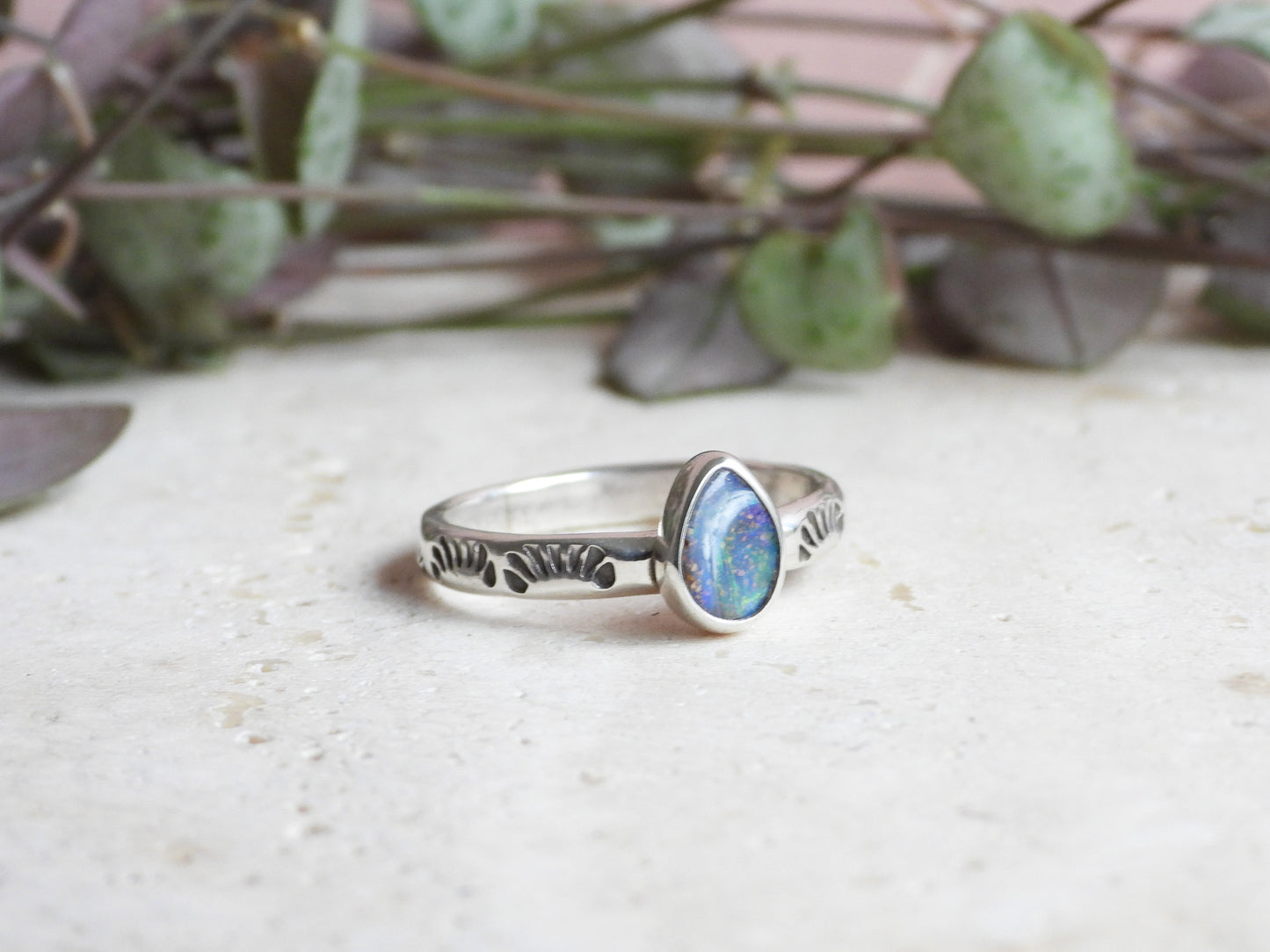 bohemian style handmade boulder opal stacking ring in sterling silver