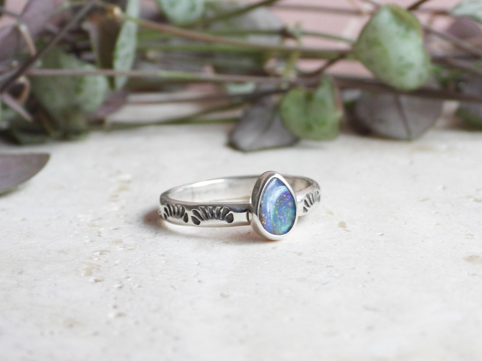 bohemian style handmade boulder opal stacking ring in sterling silver