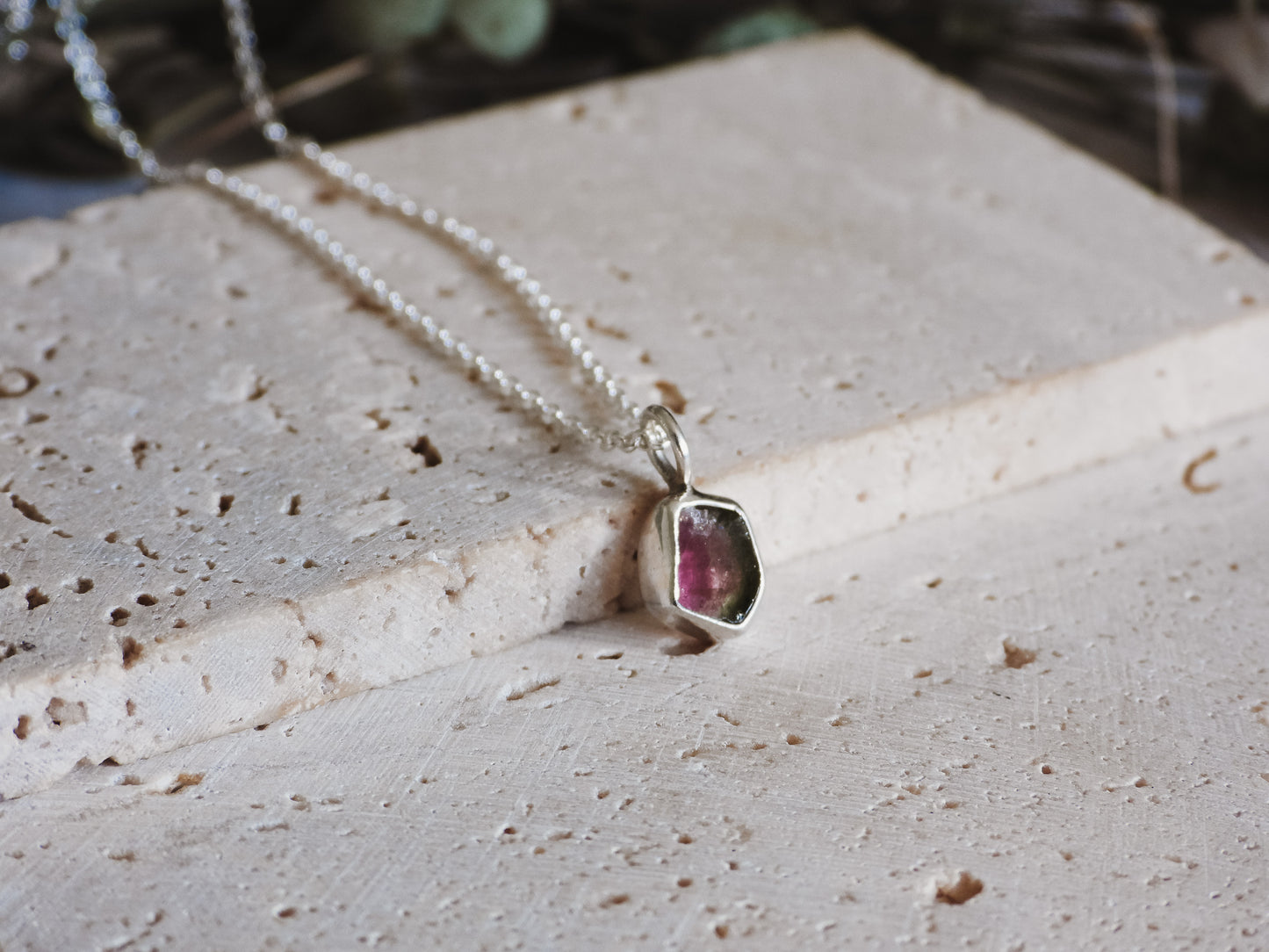 Super Dainty Watermelon Tourmaline Charm Necklace | October Birthstone