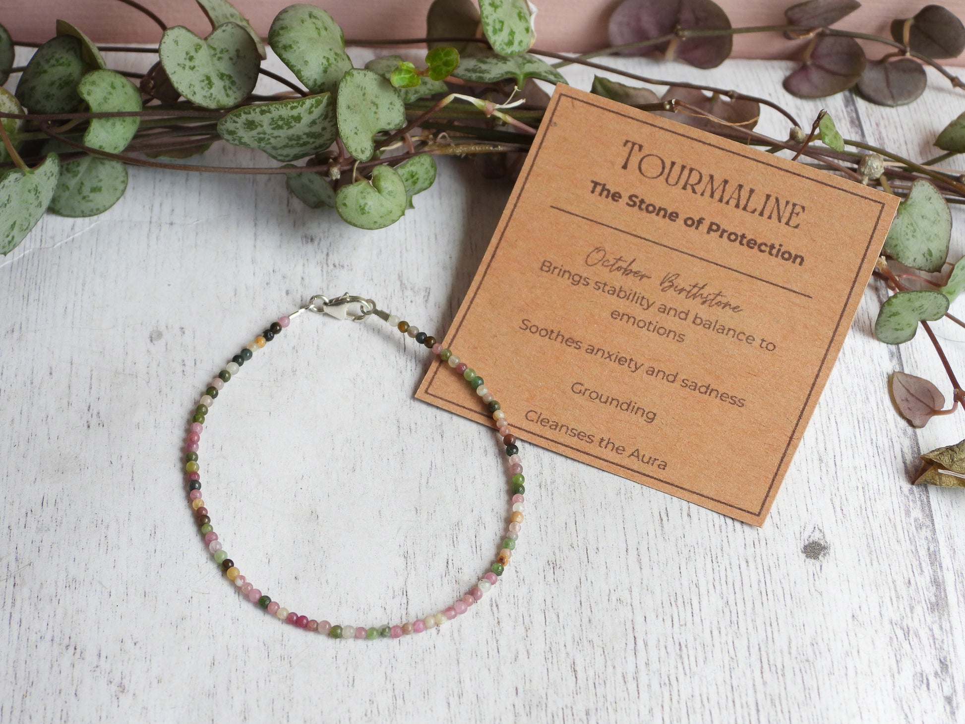 tourmaline crystal healing gemstone beaded bracelet with properties card