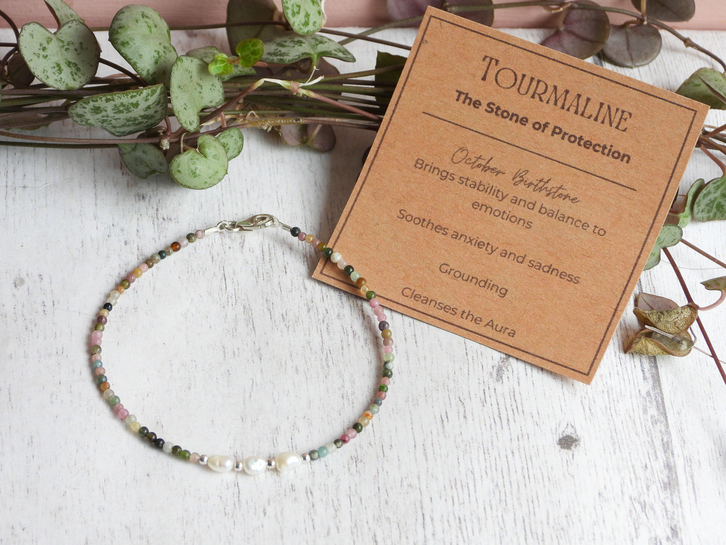 Dainty Tourmaline and Pearl Gemstone Bracelet | October Birthstone Birthstone | Round Beads
