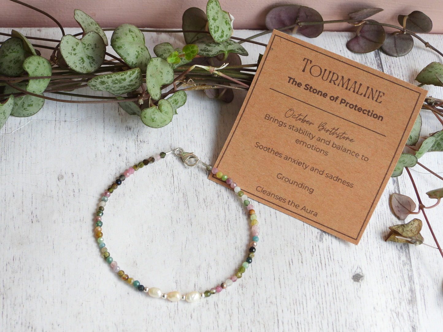 Dainty Tourmaline and Pearl Gemstone Bracelet | October Birthstone | Faceted Beads