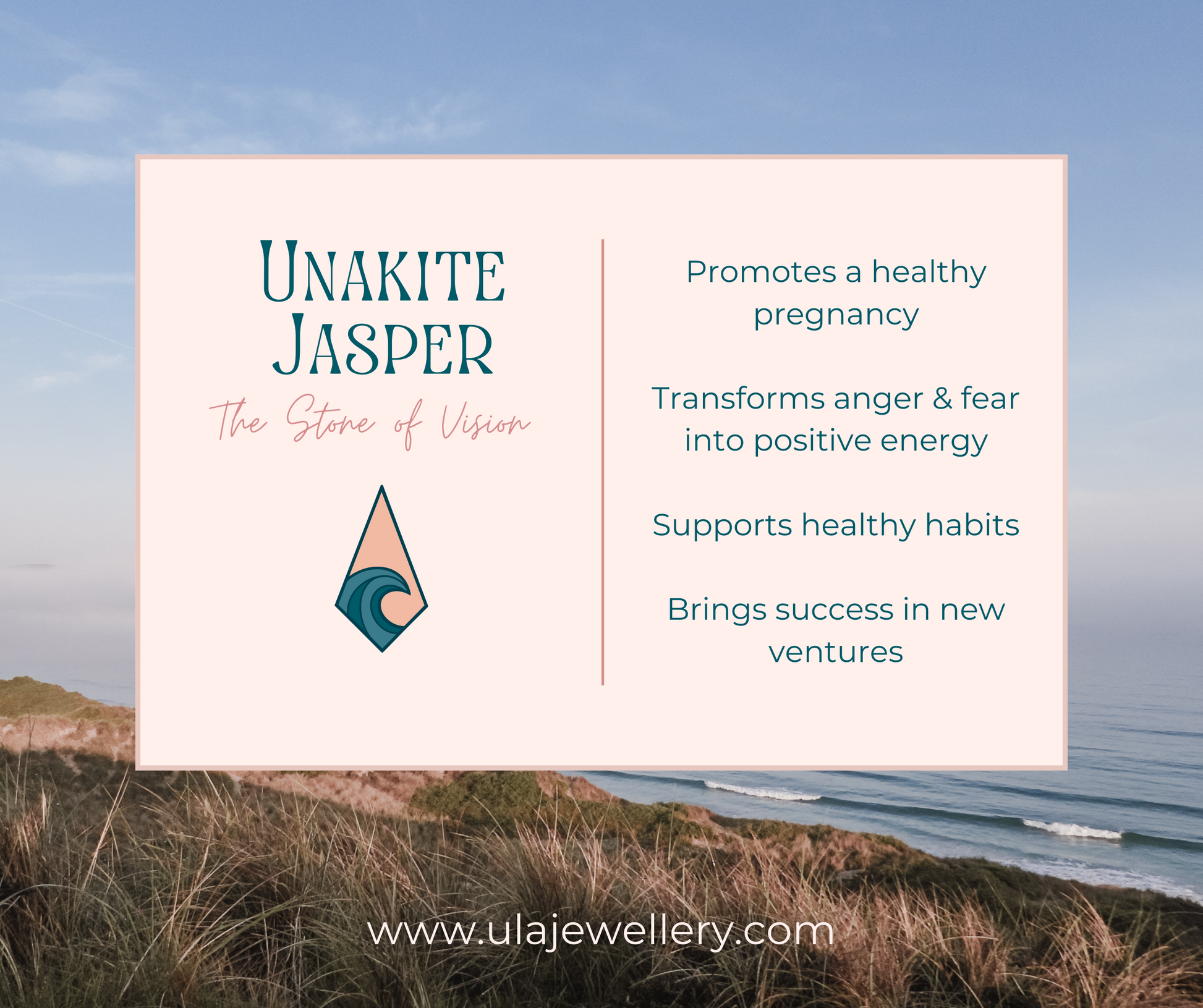 unakite jasper crystal healing properties infographic by Ula Jewellery Cornwall