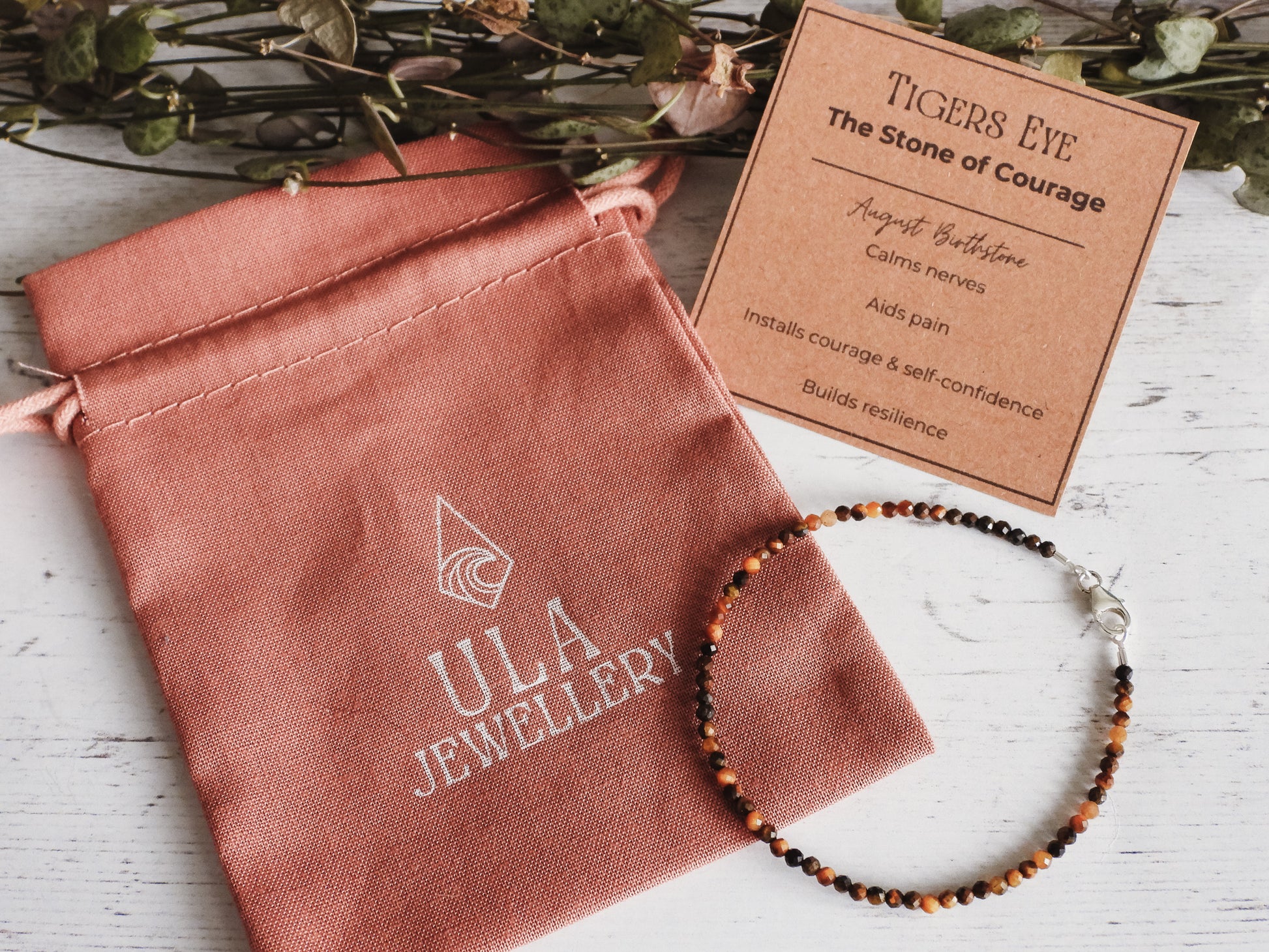 birthstone stacking bracelet, tigers eye courage gemstone by Ula Jewellery