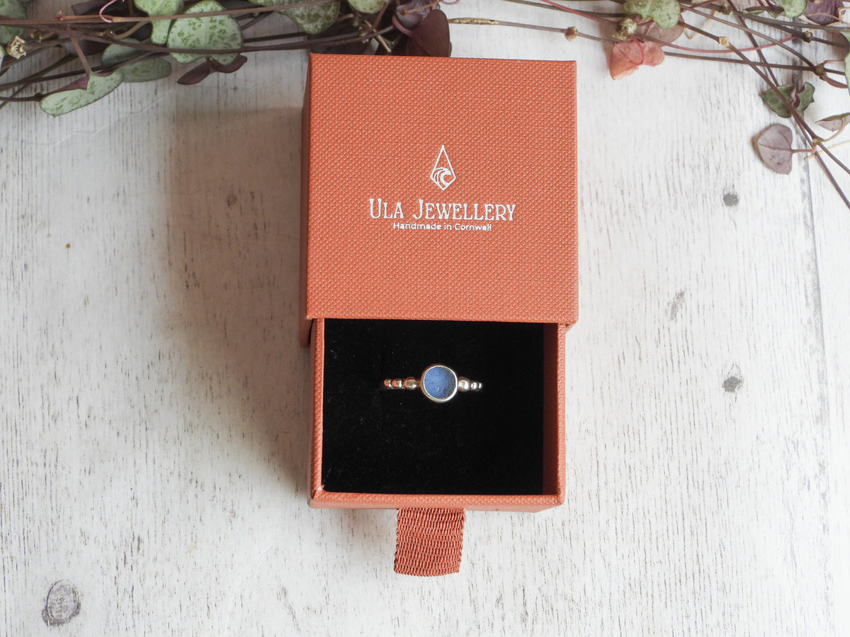 Cornish Cornflower Blue Seaglass Ring | Size P | Handmade in Cornwall
