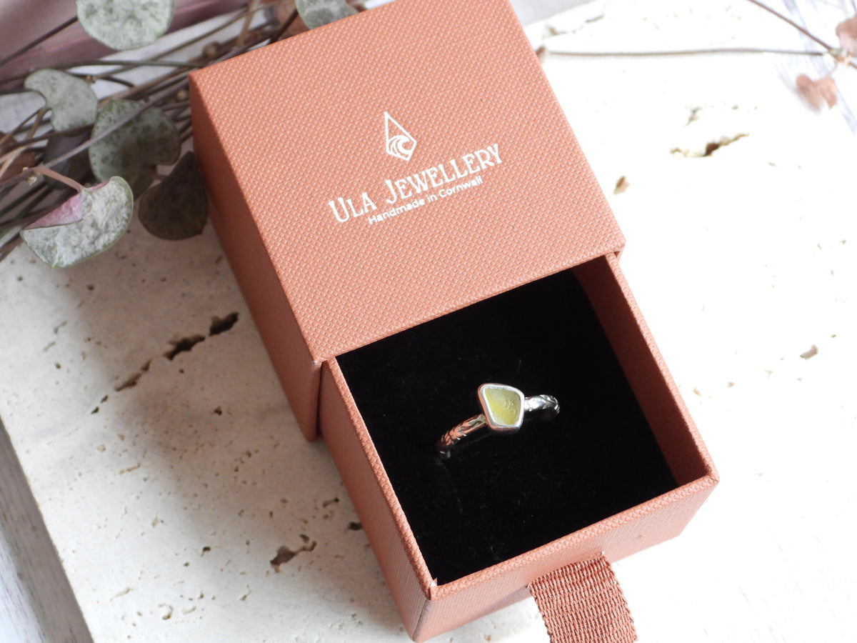 Ula Jewellery Cornish dainty yellow seaglass stacking ring