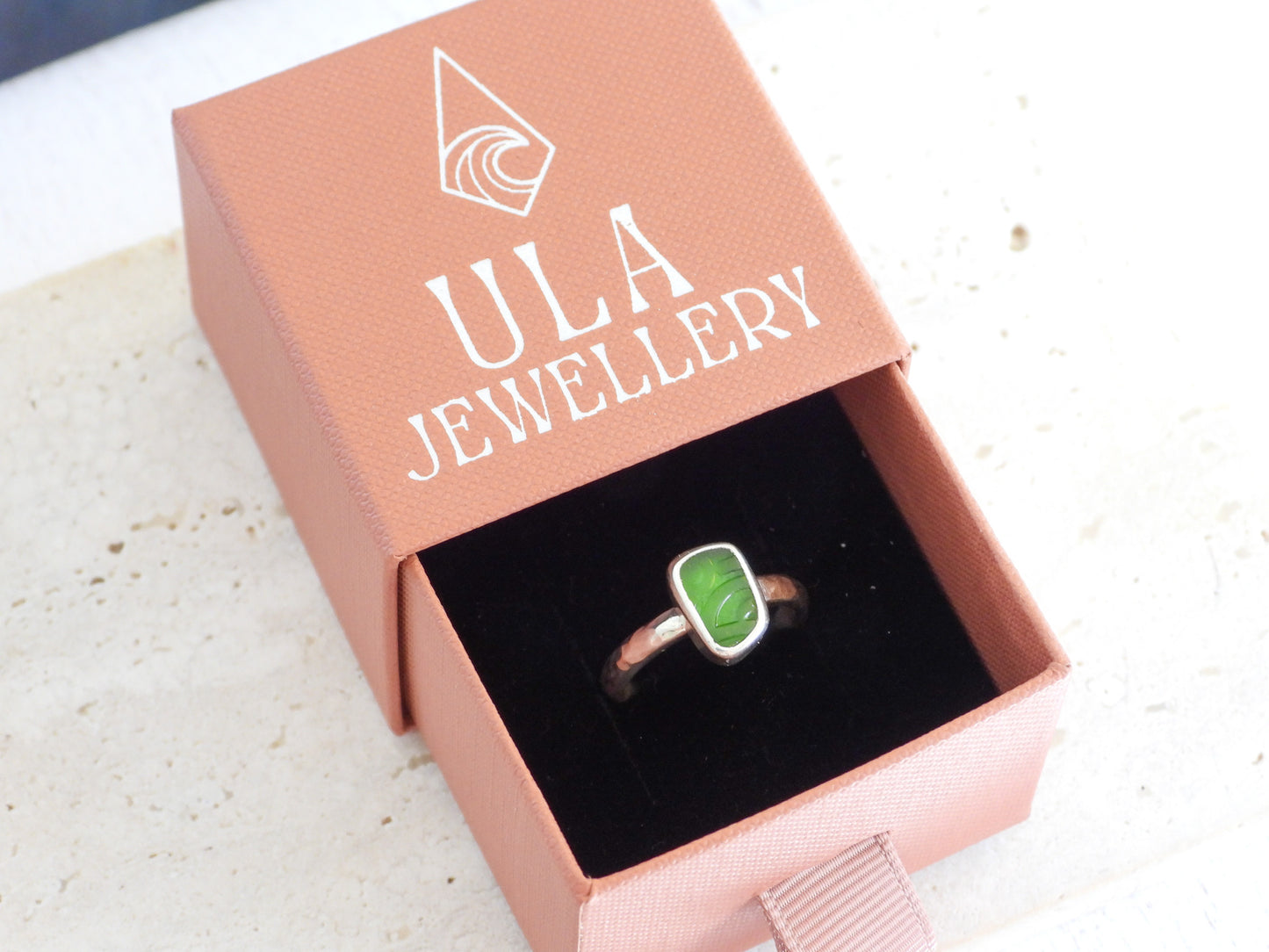 Rare Embossed Green Seaglass Ring | Recycled Silver 925 | Size L/M