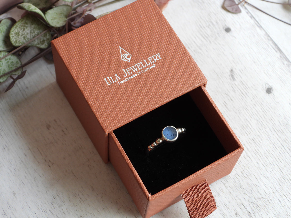 Cornish Cornflower Blue Seaglass Ring | Size P | Handmade in Cornwall