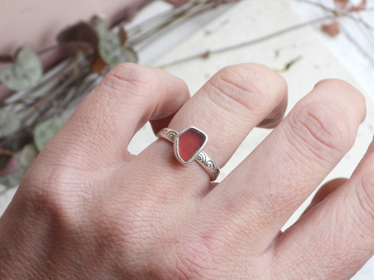 Ula Jewellery Cornish seaglass rings, rare pink seaglass