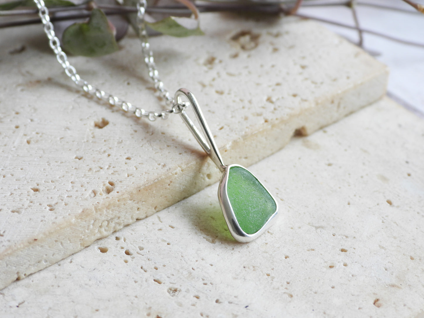 Dainty Cornish Green Sea Glass Necklace | Handmade Sterling Silver 925 | Coverack Cove