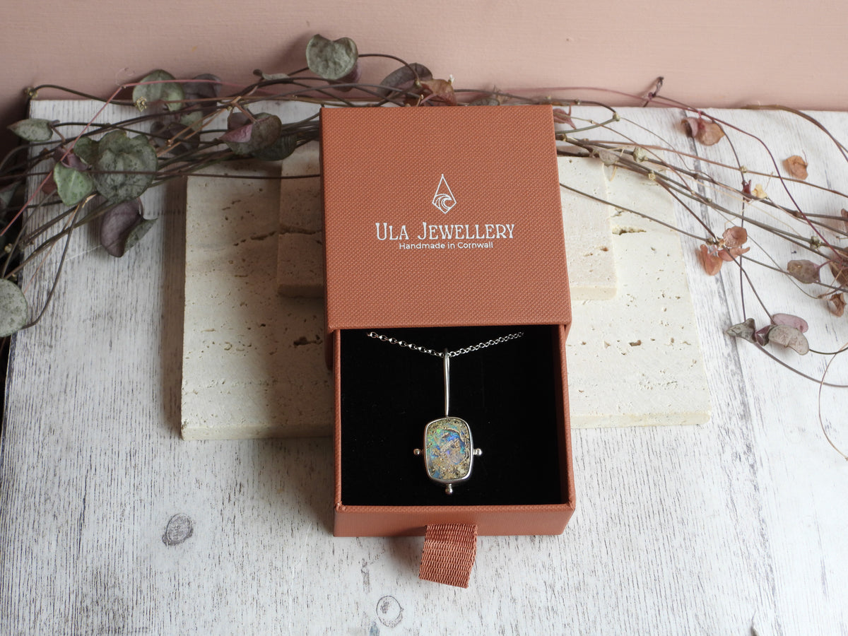 Ula Jewellery Cornwall, handmade unique boulder opal necklace 925 silver