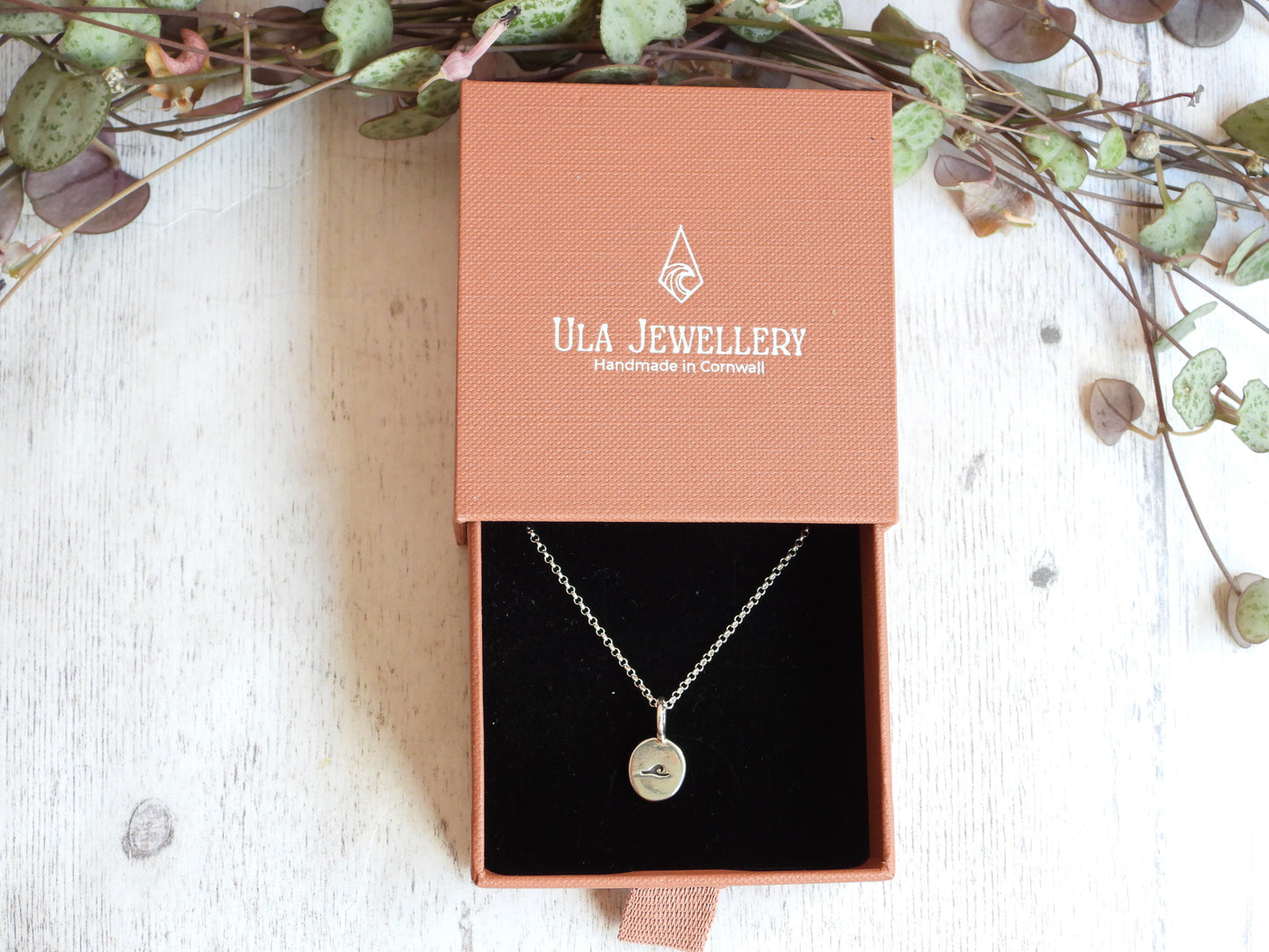 silver 925 wave charm in Ula Jewellery box handmade in Cornwall