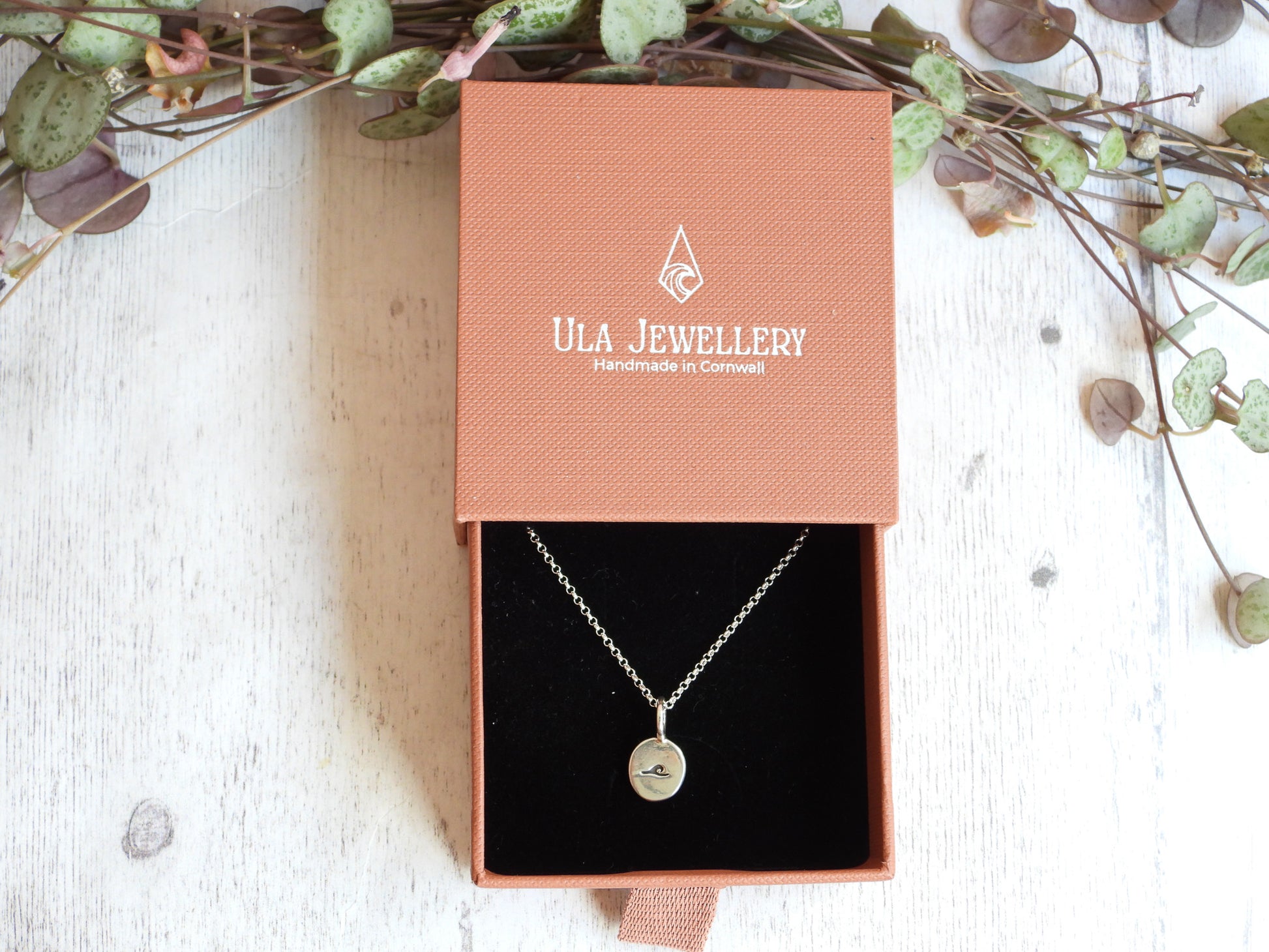 silver 925 wave charm in Ula Jewellery box handmade in Cornwall