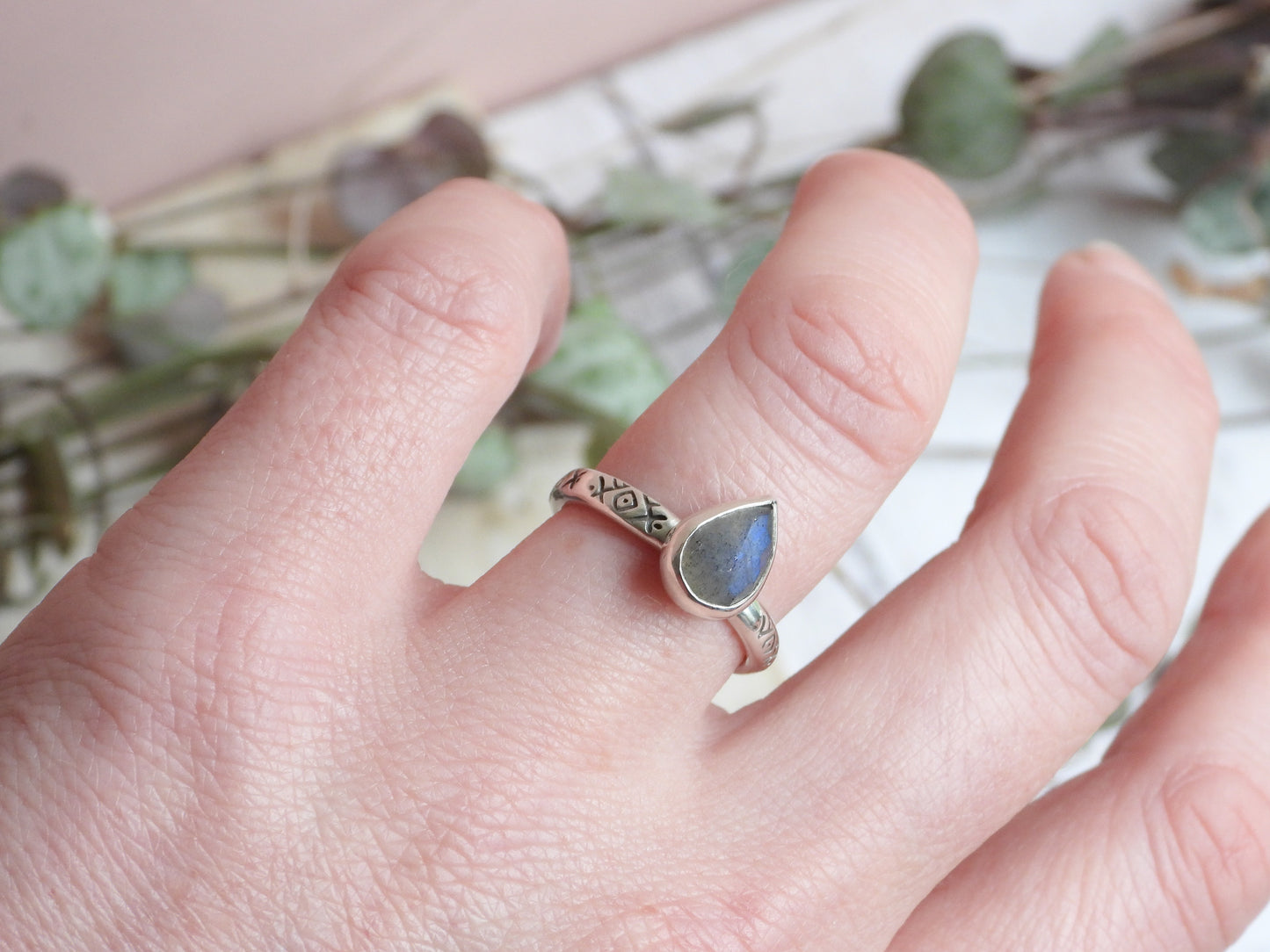Labradorite Teardrop Gemstone Ring | Size O | Recycled Sterling Silver